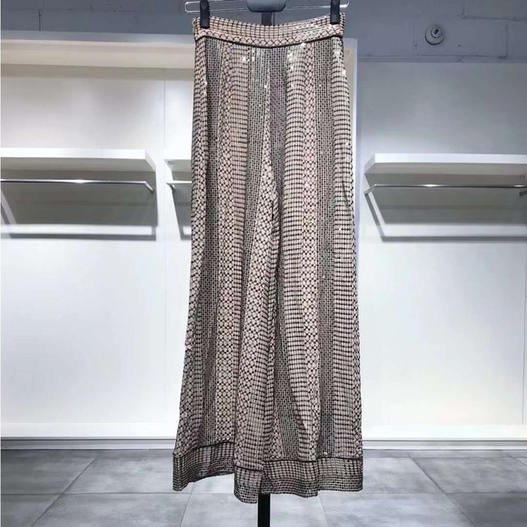 US6 Temperley London Platinum Silk Satin-trimmed Sequins Chiffon Wide-leg Pants - Picture 8 of 8